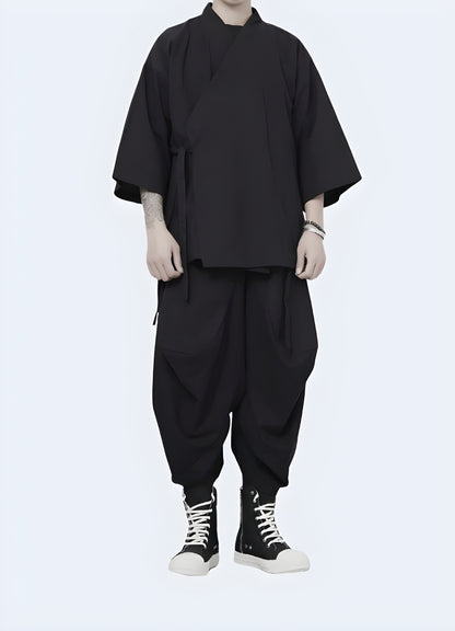 Stylish man confidently wearing a modern urban kimono on city streets, showcasing the garment's versatility and fashion-forward design Canada.