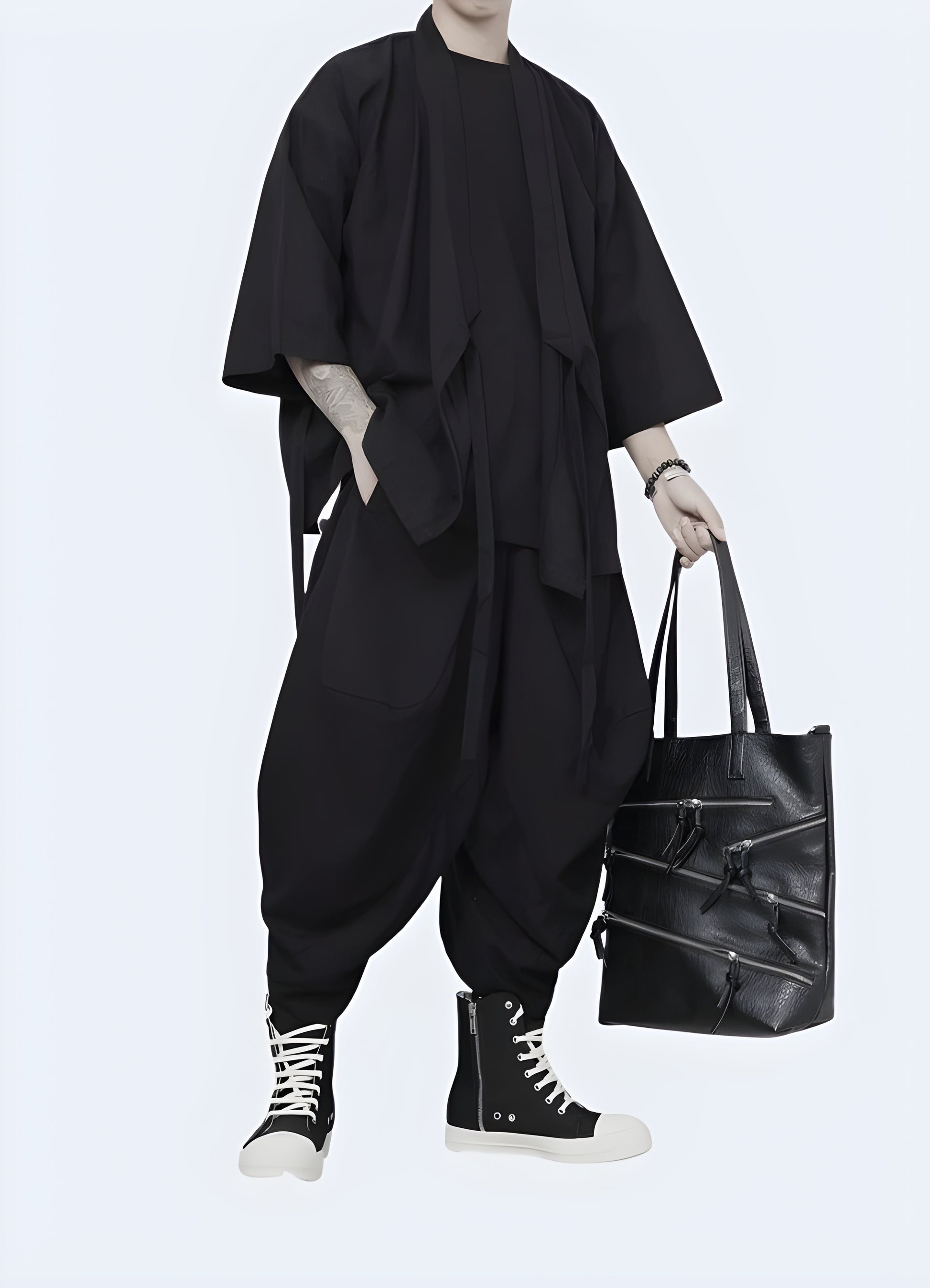 Side view of a model donning an eye-catching urban kimono, featuring a bold pattern and innovative design that pushes the boundaries of conventional fashion Canada.