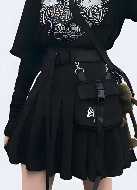 Front view of a woman modeling an urban tactical skirt, showcasing the functional design, comfortable fit, and versatile style suitable for various occasions.