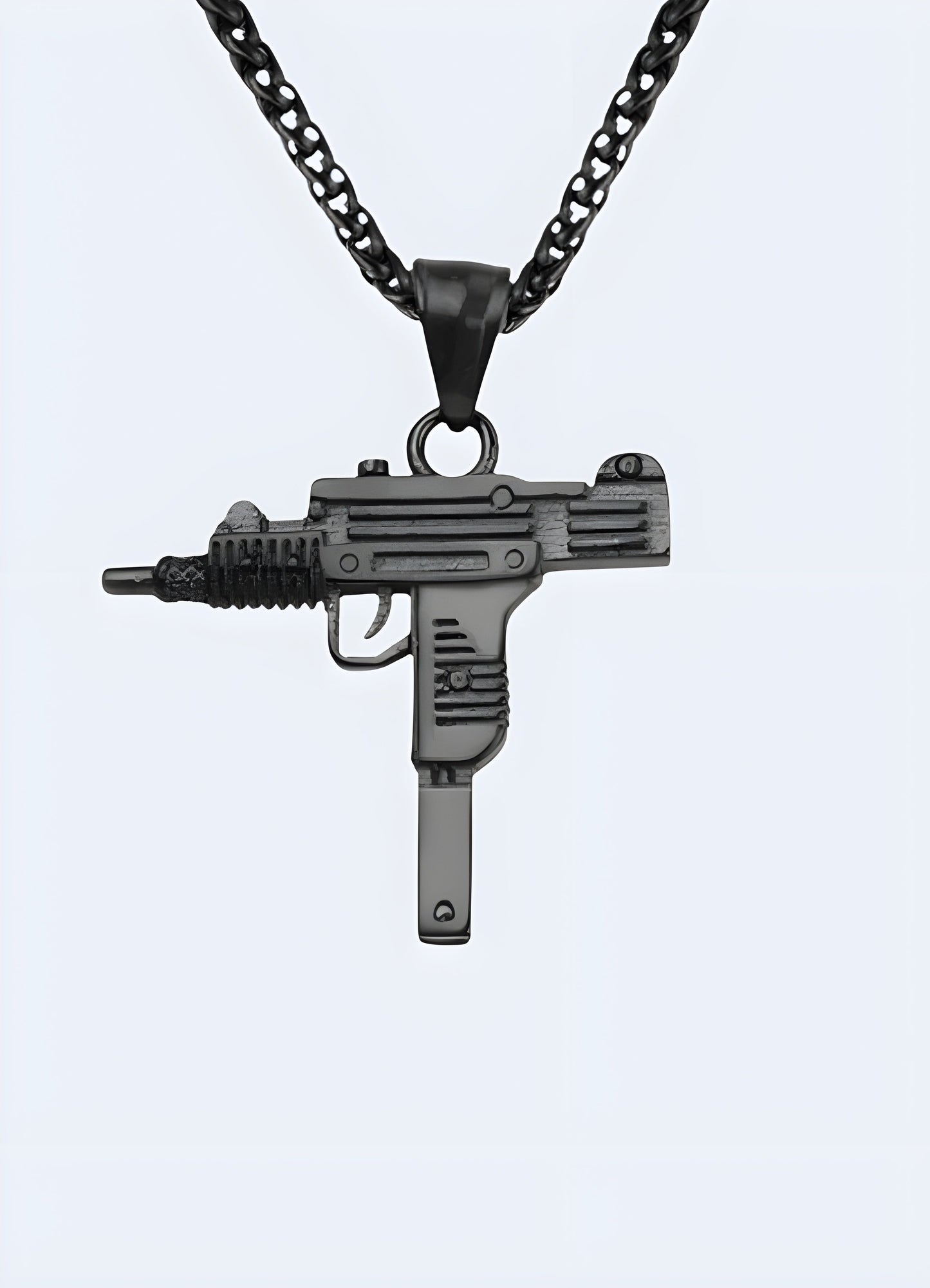 Black Uzi necklace shown from the front view, featuring a detailed pendant resembling the iconic firearm Canada.