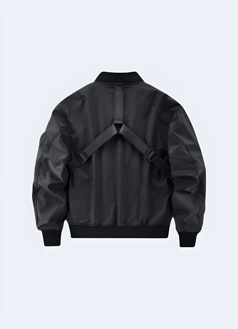 Back view of a warcore jacket showcasing its rugged construction, multiple utility pockets, and adjustable elements, ideal for expressing a bold fashion sense while navigating Canada's urban and natural environments in comfort and style.