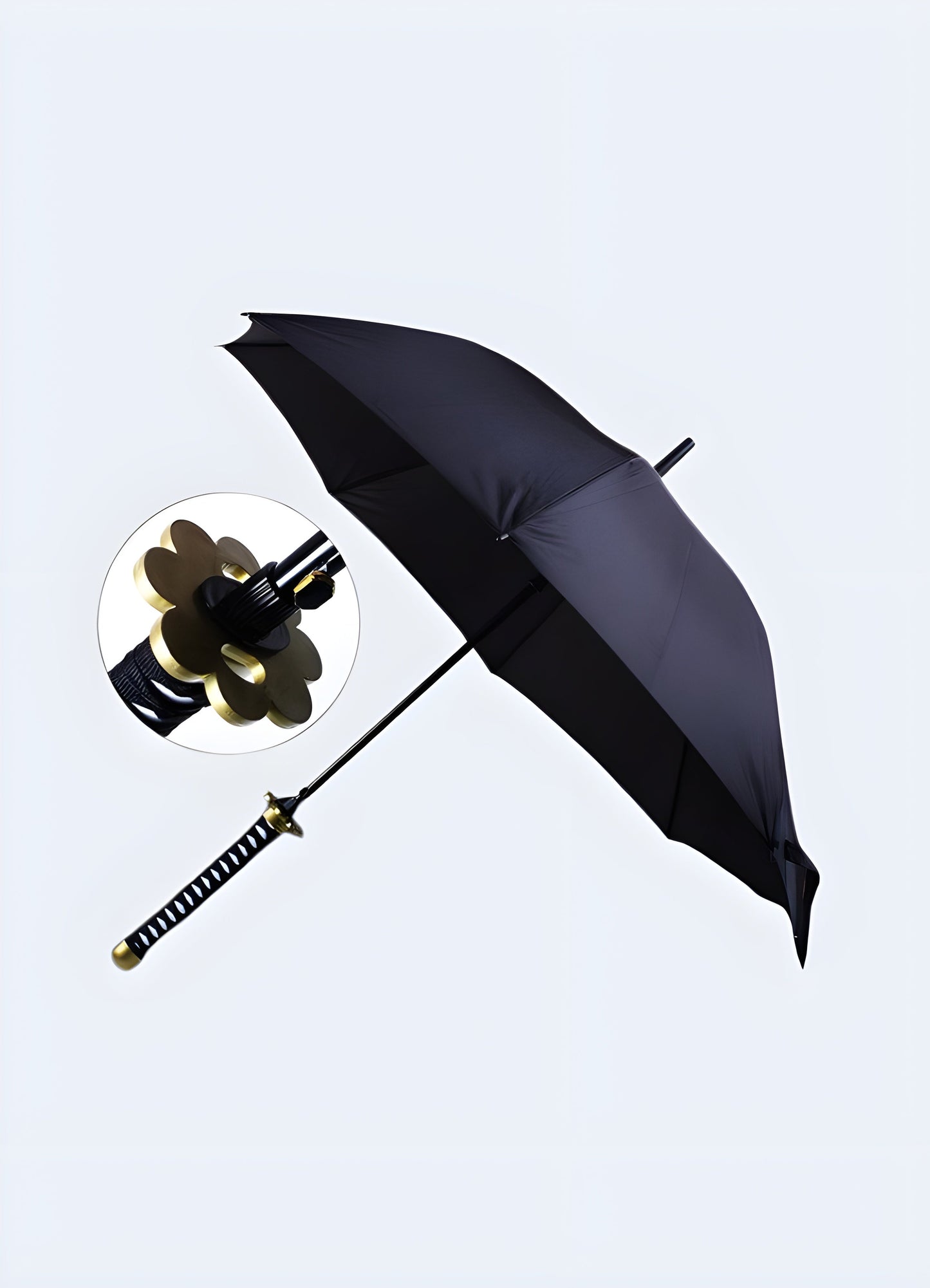 A black umbrella with a handle designed to mimic a  warrior handle hilt, featuring gold details, available in the Canada.