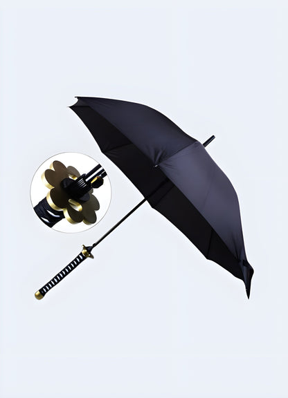 A black umbrella with a handle designed to mimic a  warrior handle hilt, featuring gold details, available in the Canada.