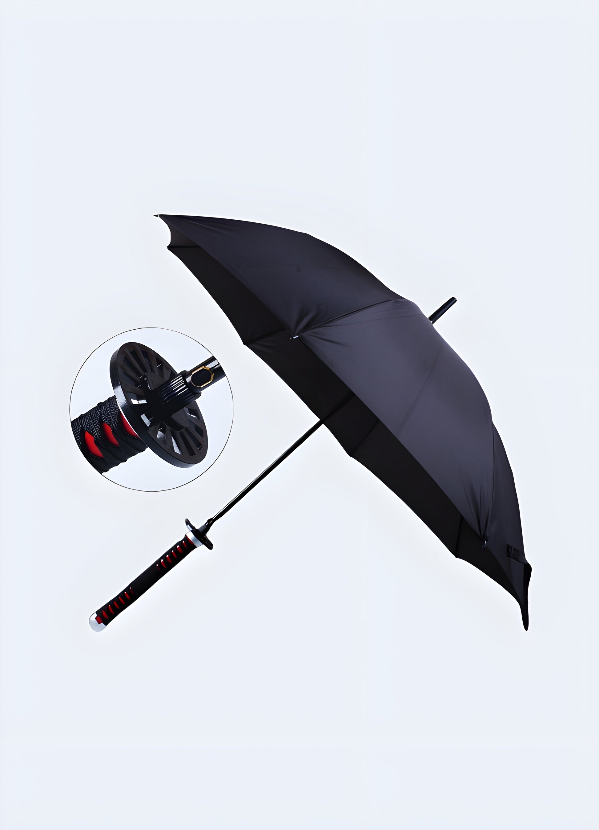 A black umbrella with a handle designed to mimic a  warrior handle hilt, featuring red accents, available in the Canada.