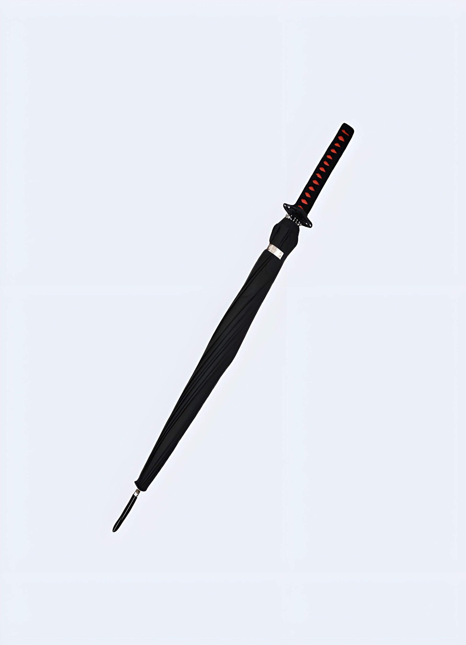 A full-length umbrella featuring a handle designed to resemble the hilt of a  warrior handle, available in the Canada.