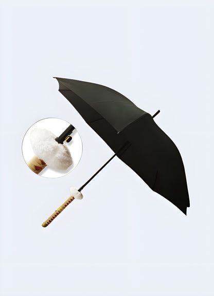 A gold umbrella with a  warrior handle hilt-style handle, accented with faux fur, available in the Canada.