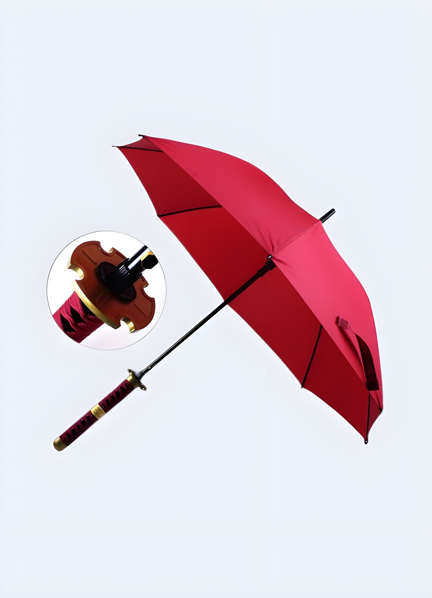 A pink umbrella with a  warrior handle hilt-style handle, adorned with gold accents, available in the Canada.