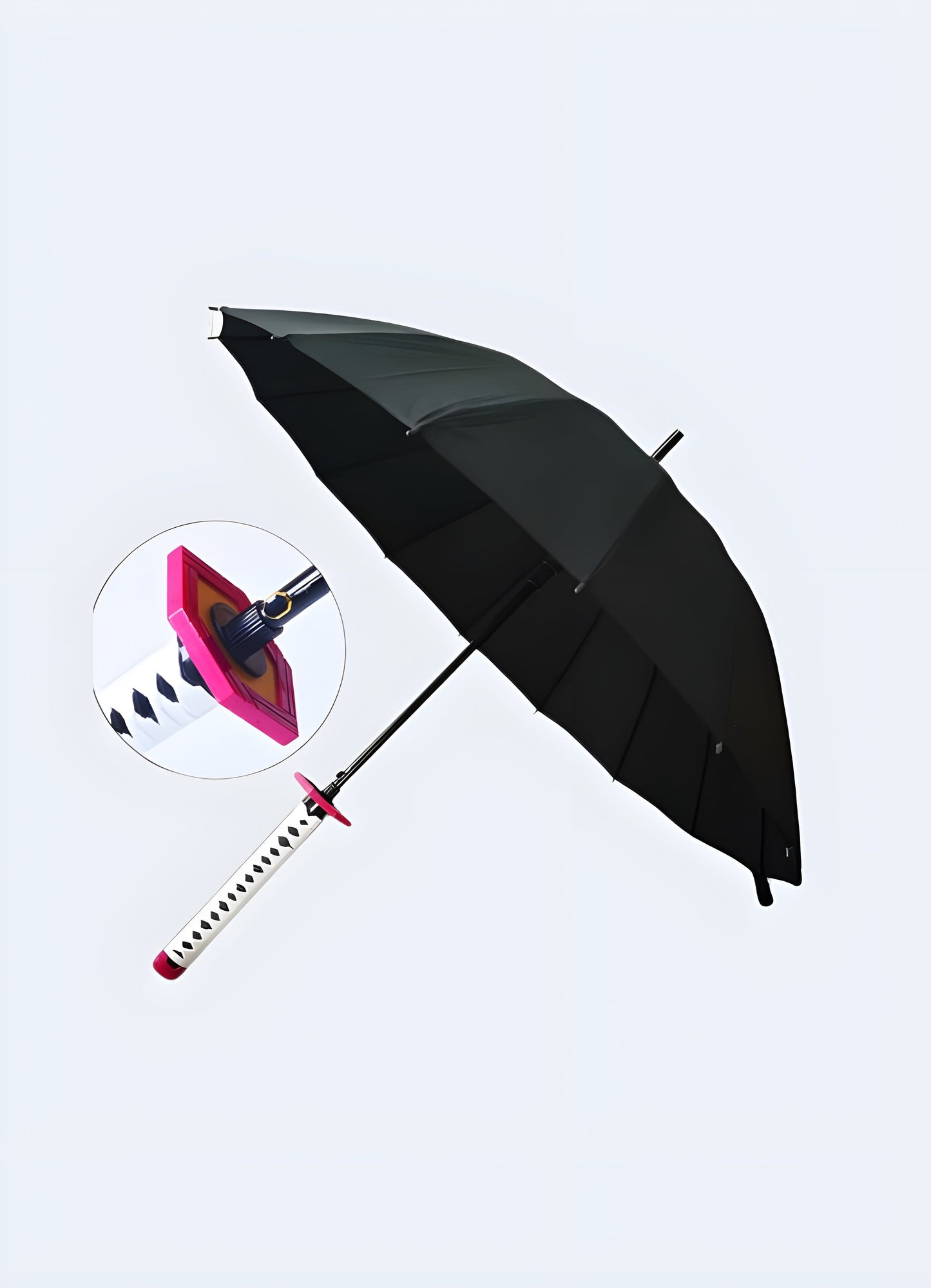 A pink umbrella with a  warrior handle hilt-style handle, featuring white accents, available in the Canada.