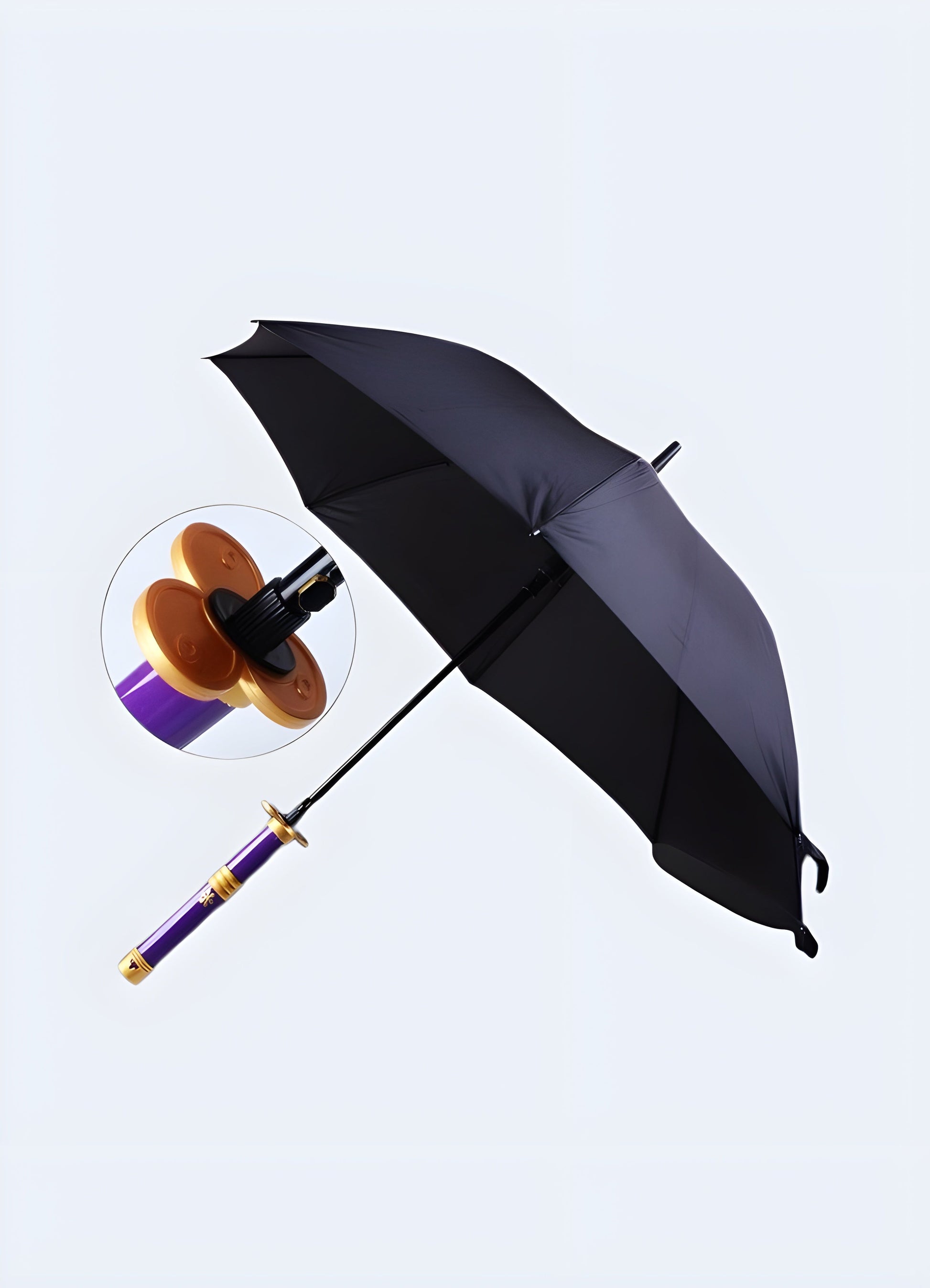 A purple umbrella with a handle designed to resemble a  warrior handle hilt, featuring gold embellishments, available in the Canada.