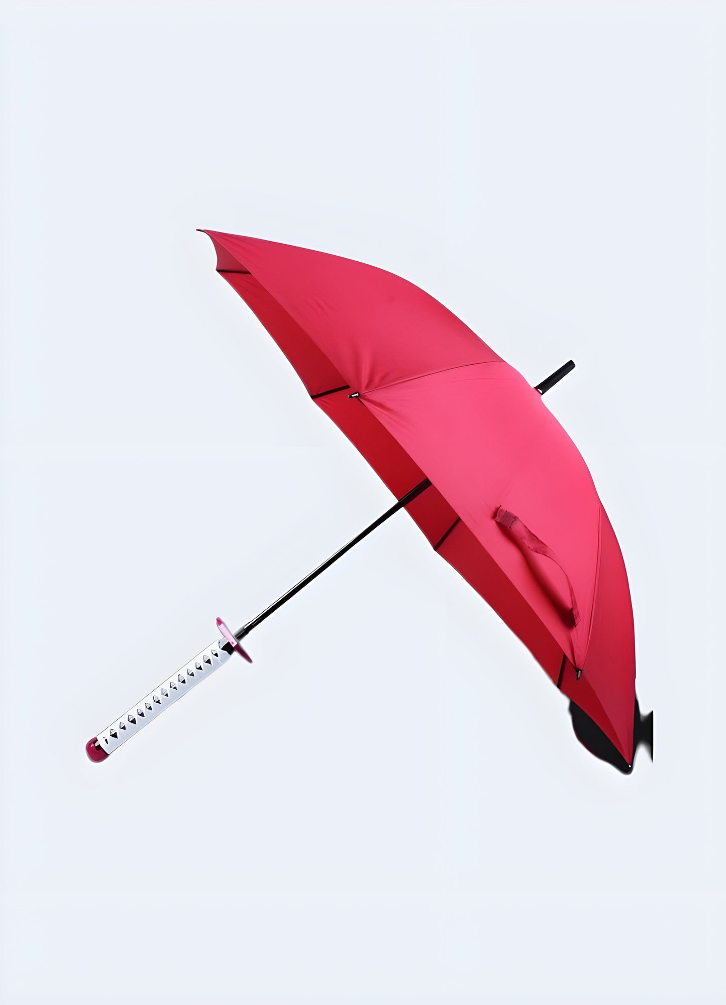 A white umbrella with a handle styled like a warrior handle umbrella hilt, adorned with pink details, available in the Canada.