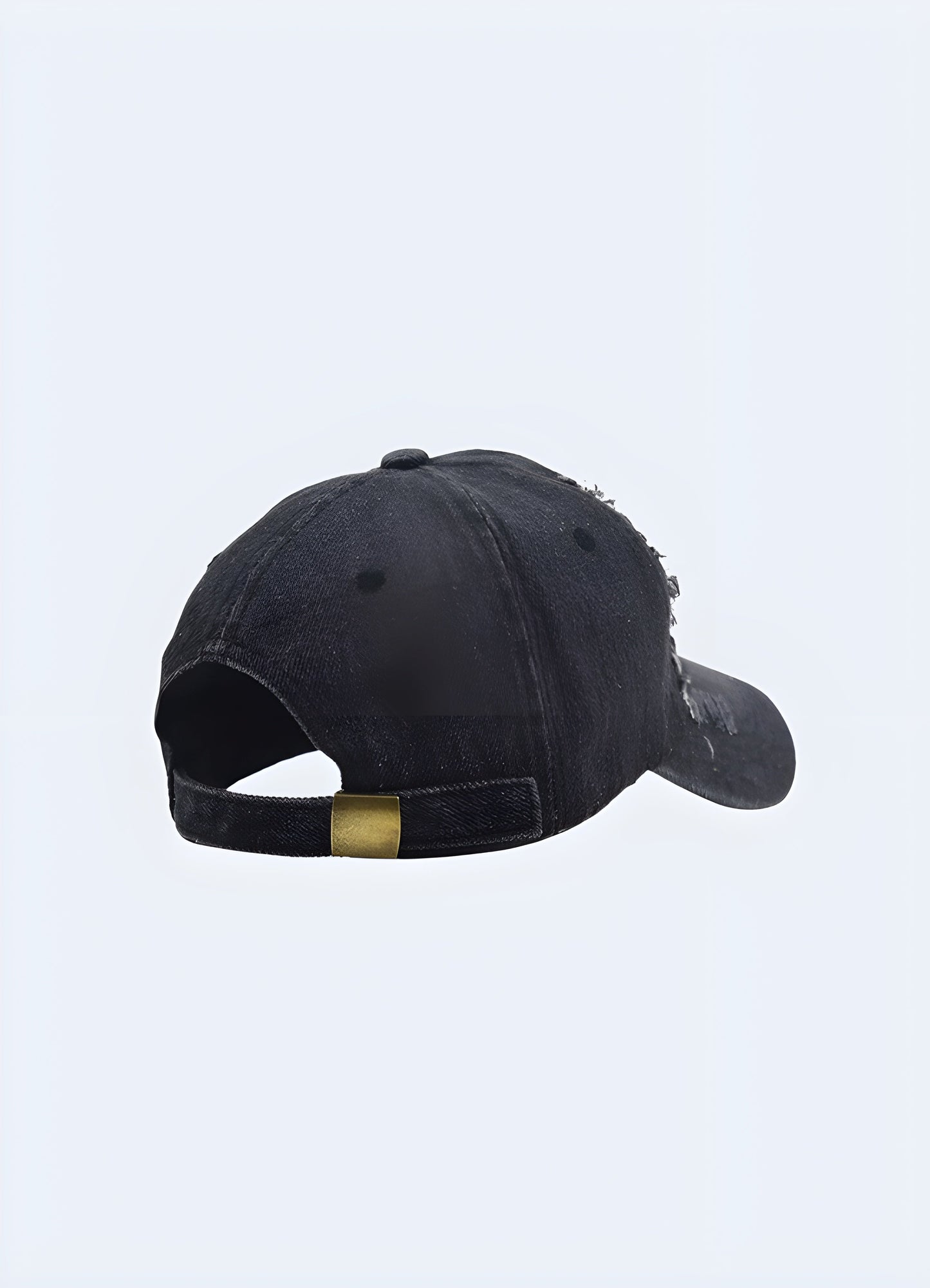  Washed-out black cap, back side view, showcasing the worn texture and adjustable strap Canada.