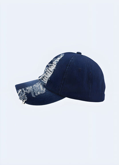 Washed-out blue cap, side view, showing the cap's profile and distressed details Canada.