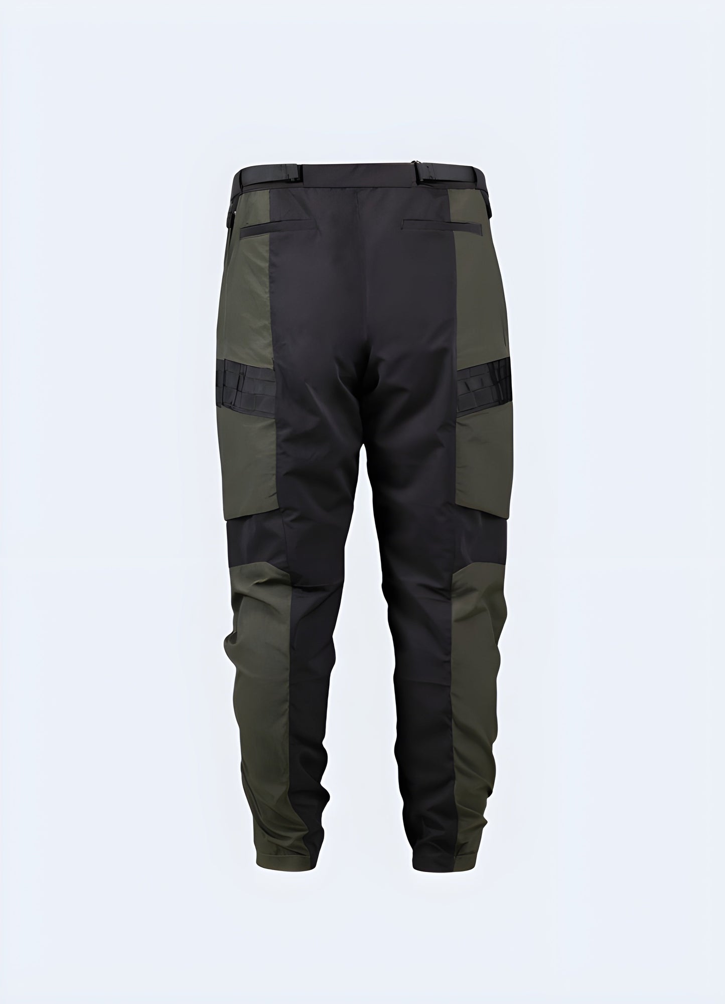 Back view of waterproof cargo pants, highlighting the sturdy construction, reinforced seams, and ample storage options for a reliable and functional outdoor garment.