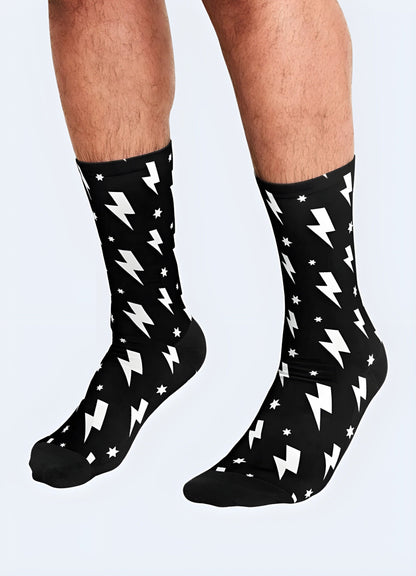 Man sporting trendy socks with a striking lightning bolt pattern, showcasing the front view of these eye-catching accessories Canada.