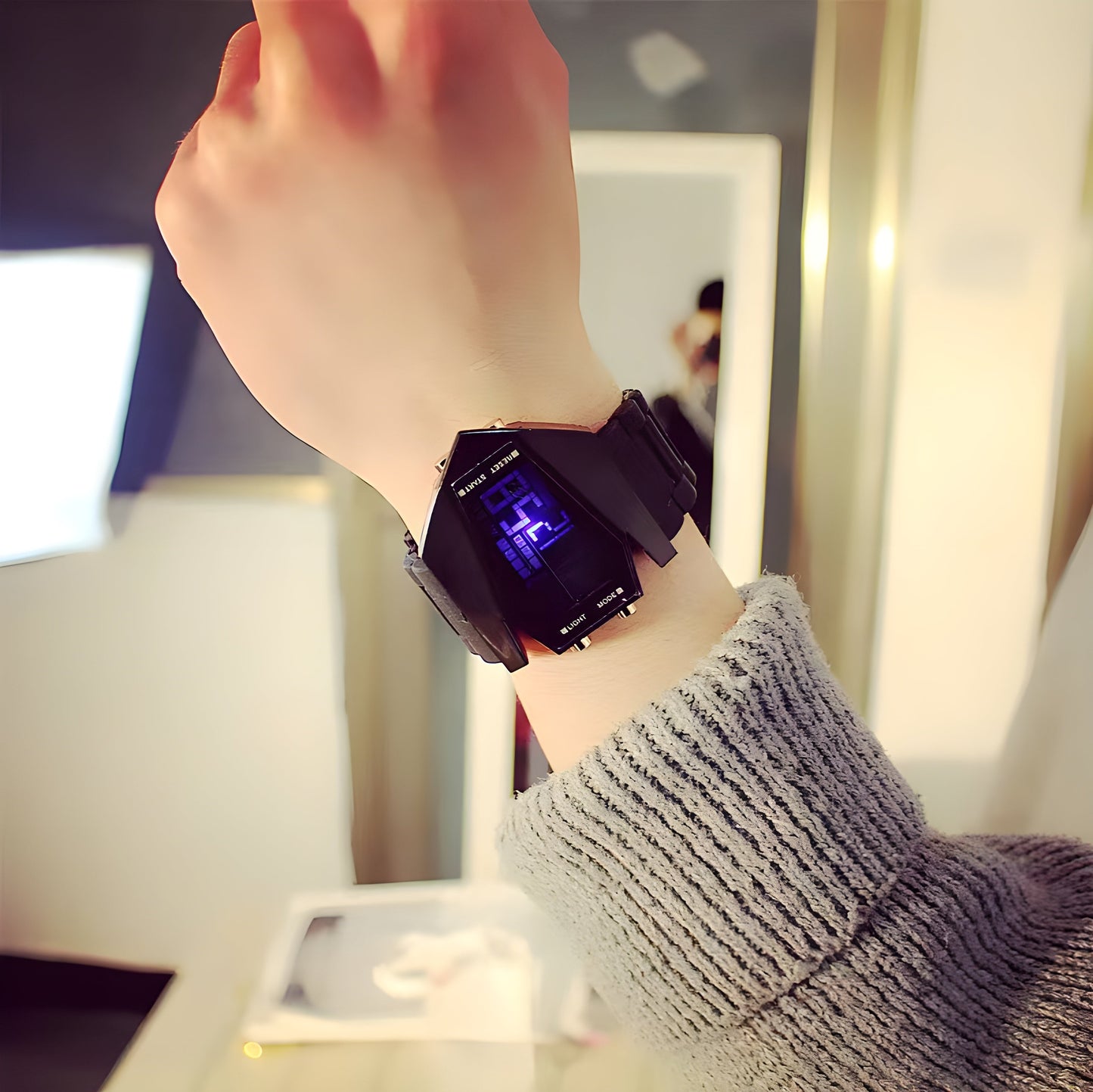 Wearing a black cyberpunk watch, displayed in a front view model, emphasizing its edgy design and modern technology.