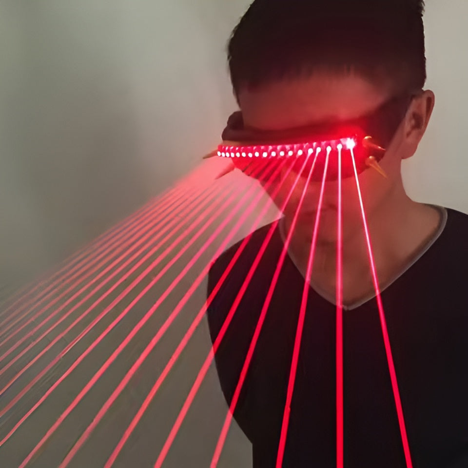 A model wearing LED cyberpunk glasses, featuring illuminated lenses and a sleek, modern design, perfect for a futuristic and tech-inspired look.