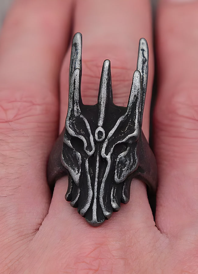 Model wearing the Sauron ring, captured from the back side view, emphasizing how the ring fits and its unique design on the wearer’s finger.