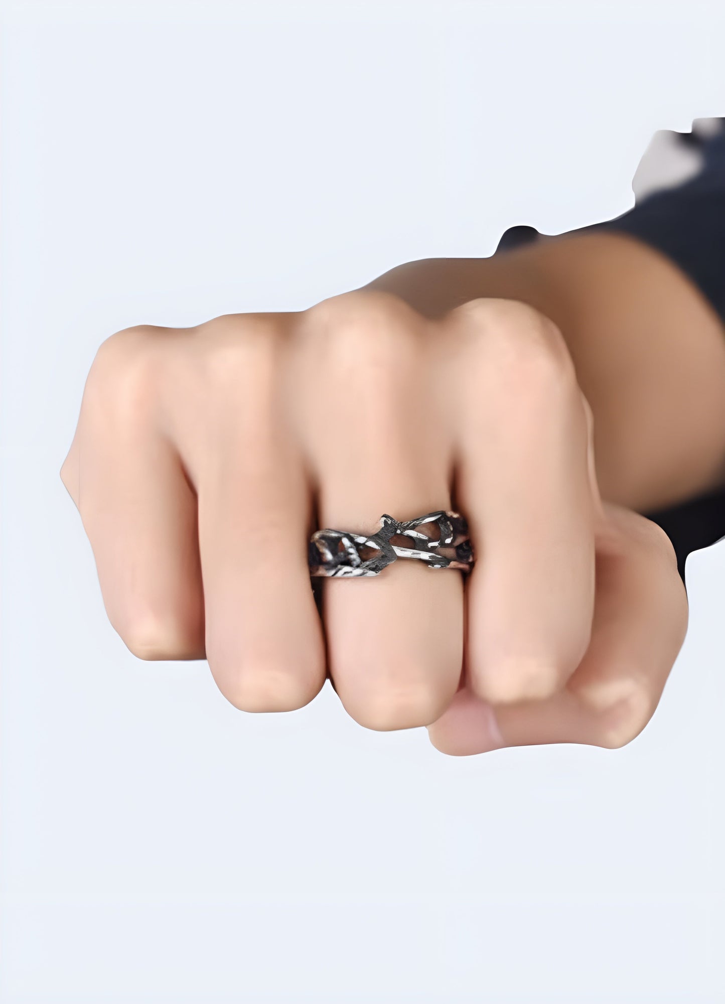 Model wearing the branch ring, shown from the front view, focusing on the ring's design and how it enhances the wearer's style.