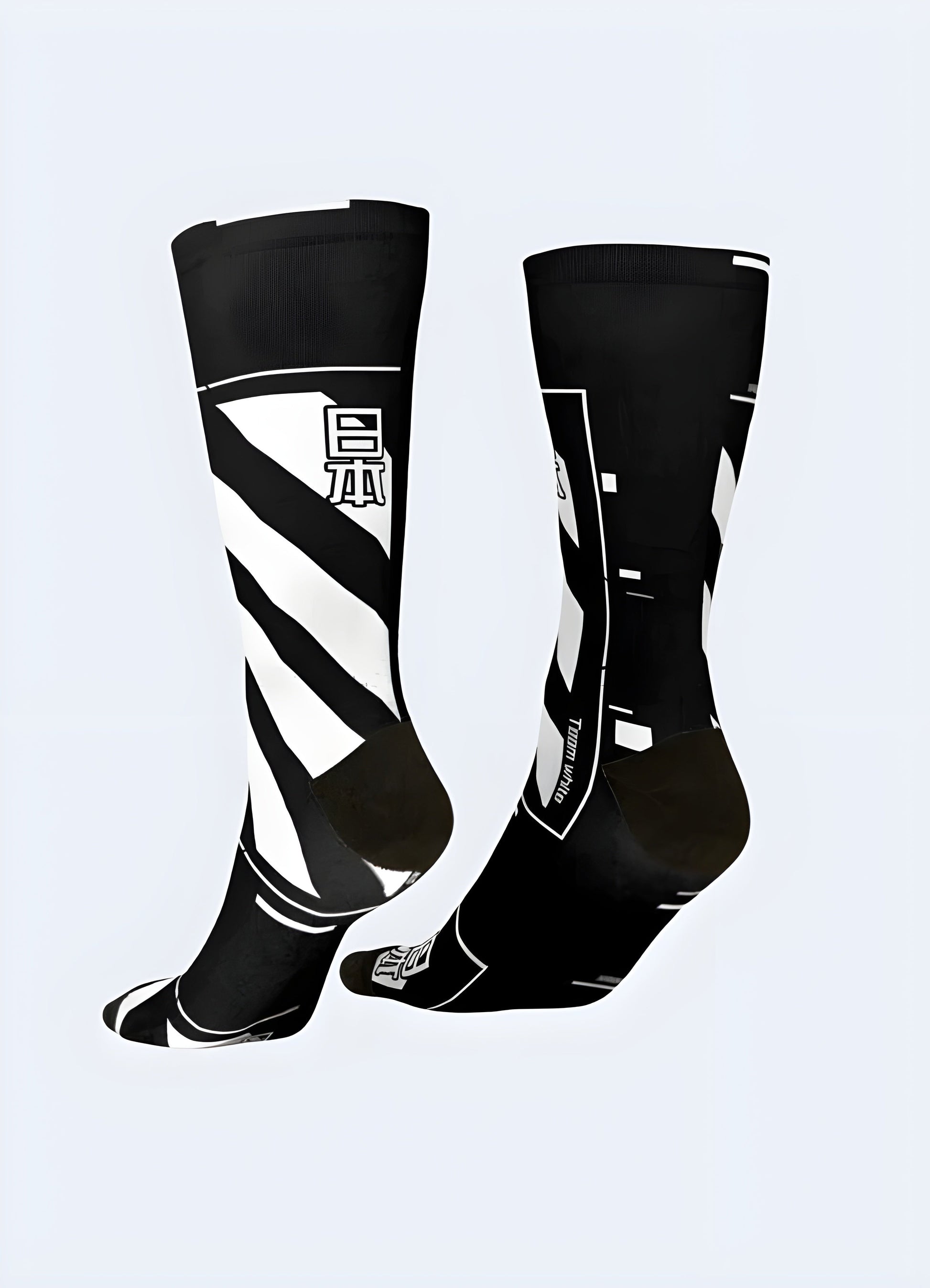 Back view of a wearing futuristic socks, highlighting the intricate patterns and cutting-edge design popular among Caanada tech enthusiasts.