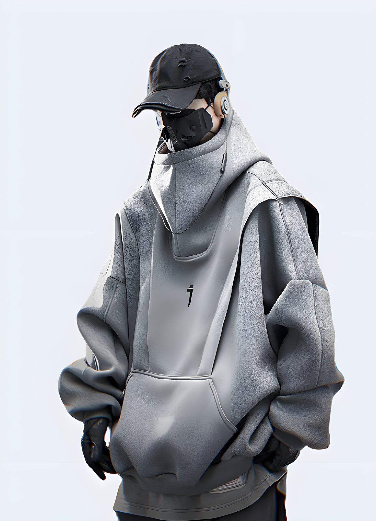 A woman wearing an oversized techwear hoodie, shown from the front side view in the Canada.