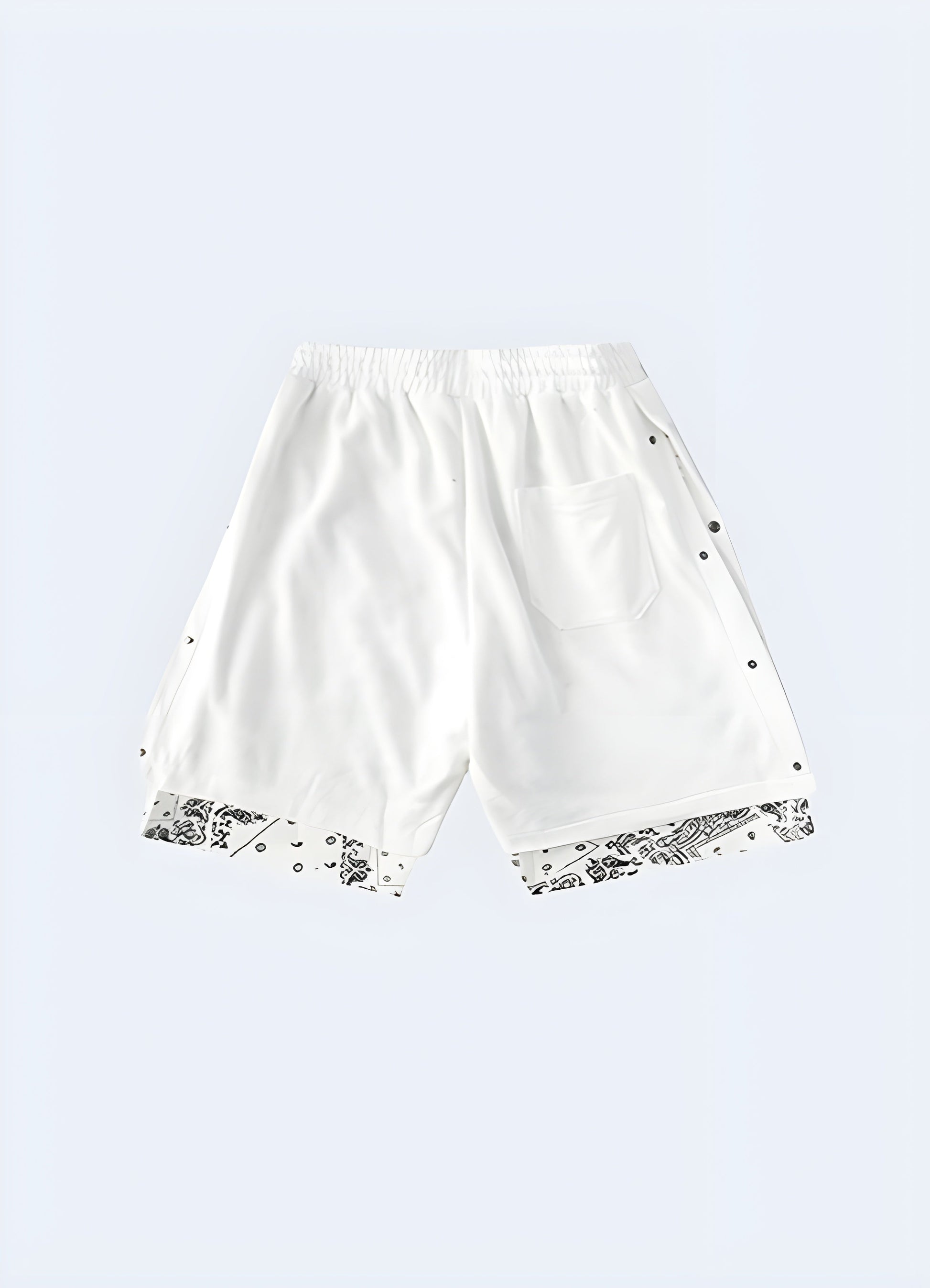 Back view of white bandana shorts, showcasing the attention-grabbing bandana pattern and comfortable fit, ideal for making a fashion statement in the Canada.