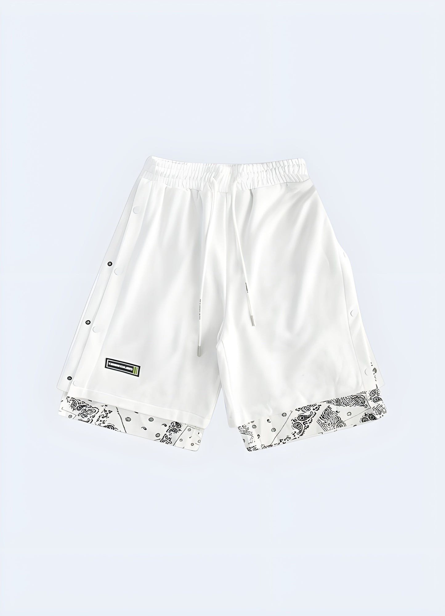 Front view of white bandana shorts, featuring a striking monochromatic design and trendy look, perfect for the Canada streetwear enthusiast.