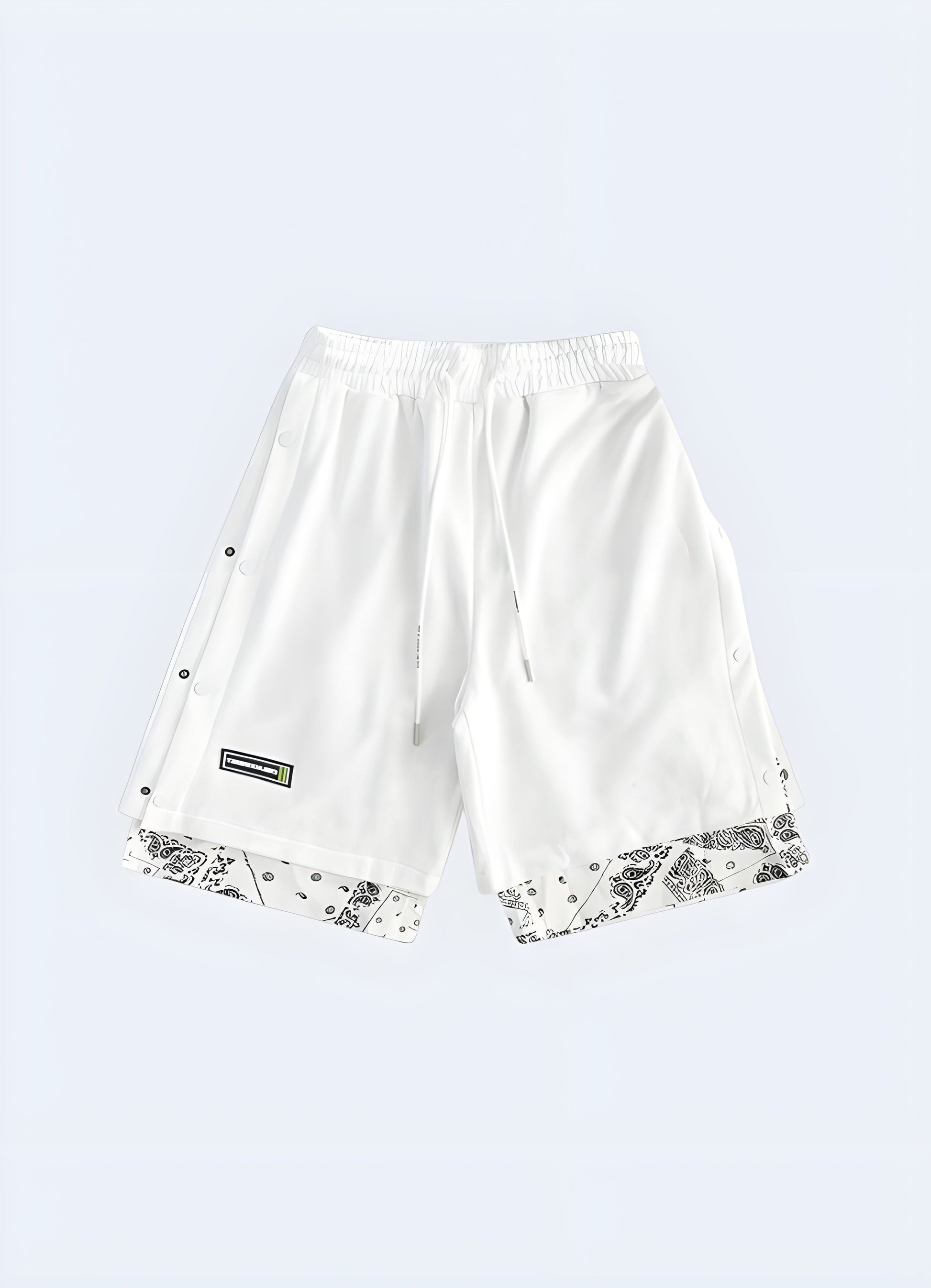 Front view of white bandana shorts, featuring a striking monochromatic design and trendy look, perfect for the Canada streetwear enthusiast.