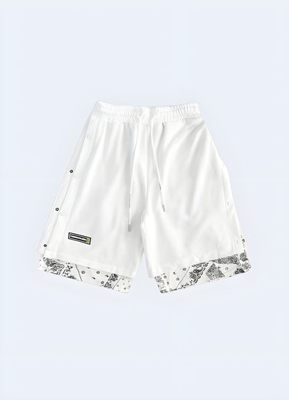 Front view of white bandana shorts, featuring a striking monochromatic design and trendy look, perfect for the Canada streetwear enthusiast.