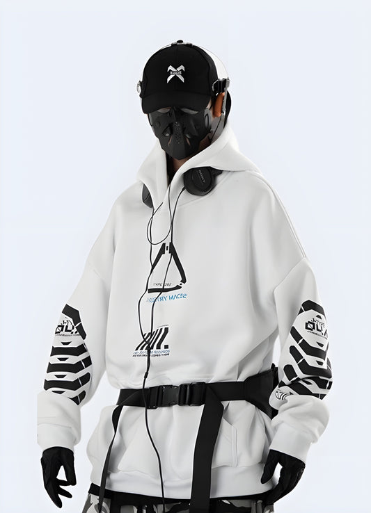 Man wearing a white cyberpunk-style hoodie with futuristic design elements, back view, available in the Canada.