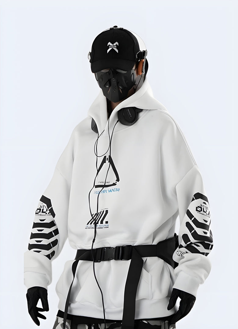 Man wearing a white cyberpunk-style hoodie with futuristic design elements, back view, available in the Canada.