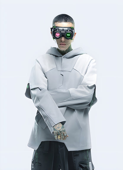 White ghost cyberpunk patchwork hoodie available in Canada, adding a futuristic and edgy vibe to your look.