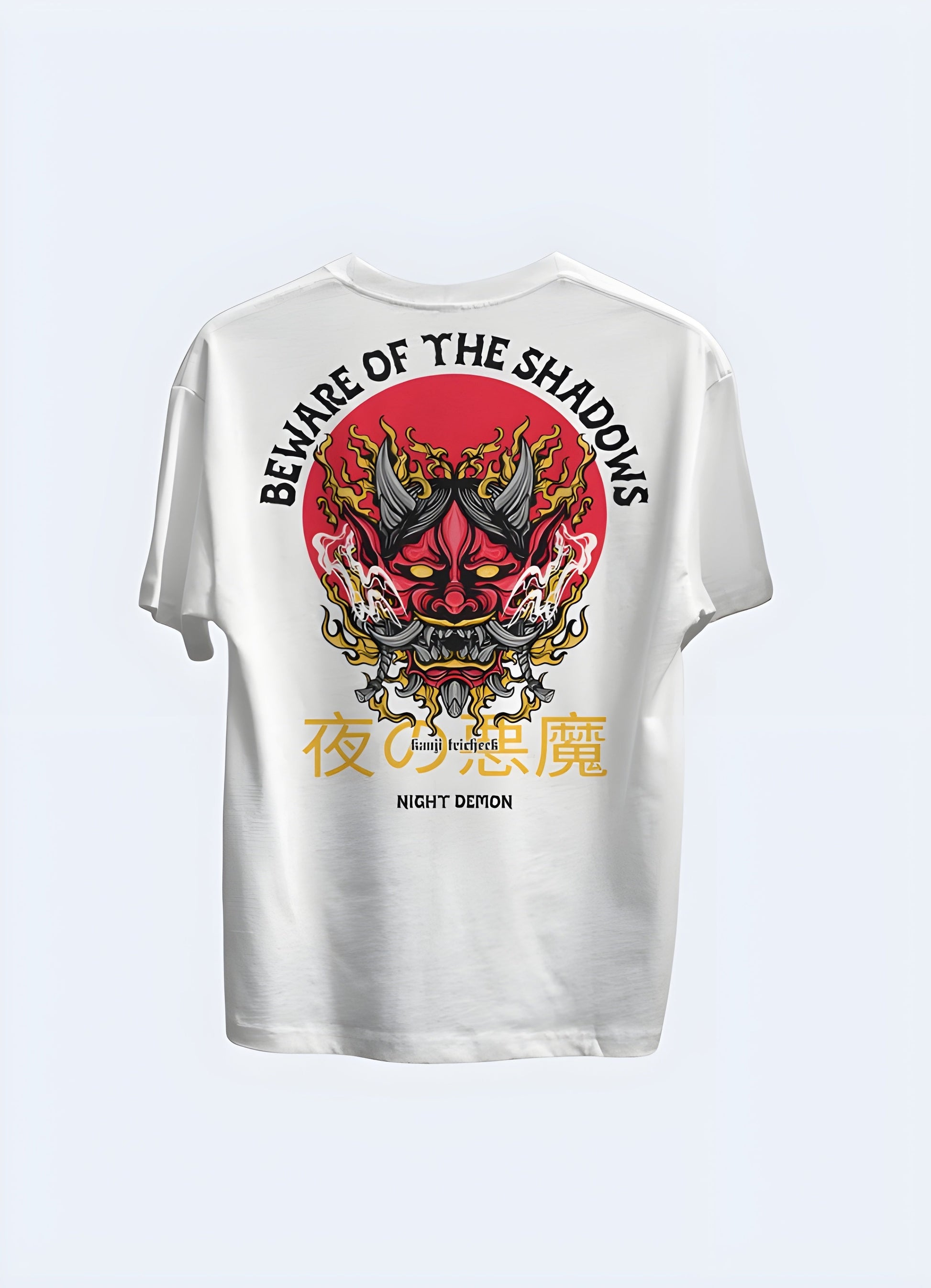 Front view of a white t-shirt with a striking oni demon design, offering a clean and versatile canvas for this iconic Japanese character in the canada.