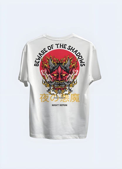 Front view of a white t-shirt with a striking oni demon design, offering a clean and versatile canvas for this iconic Japanese character in the canada.