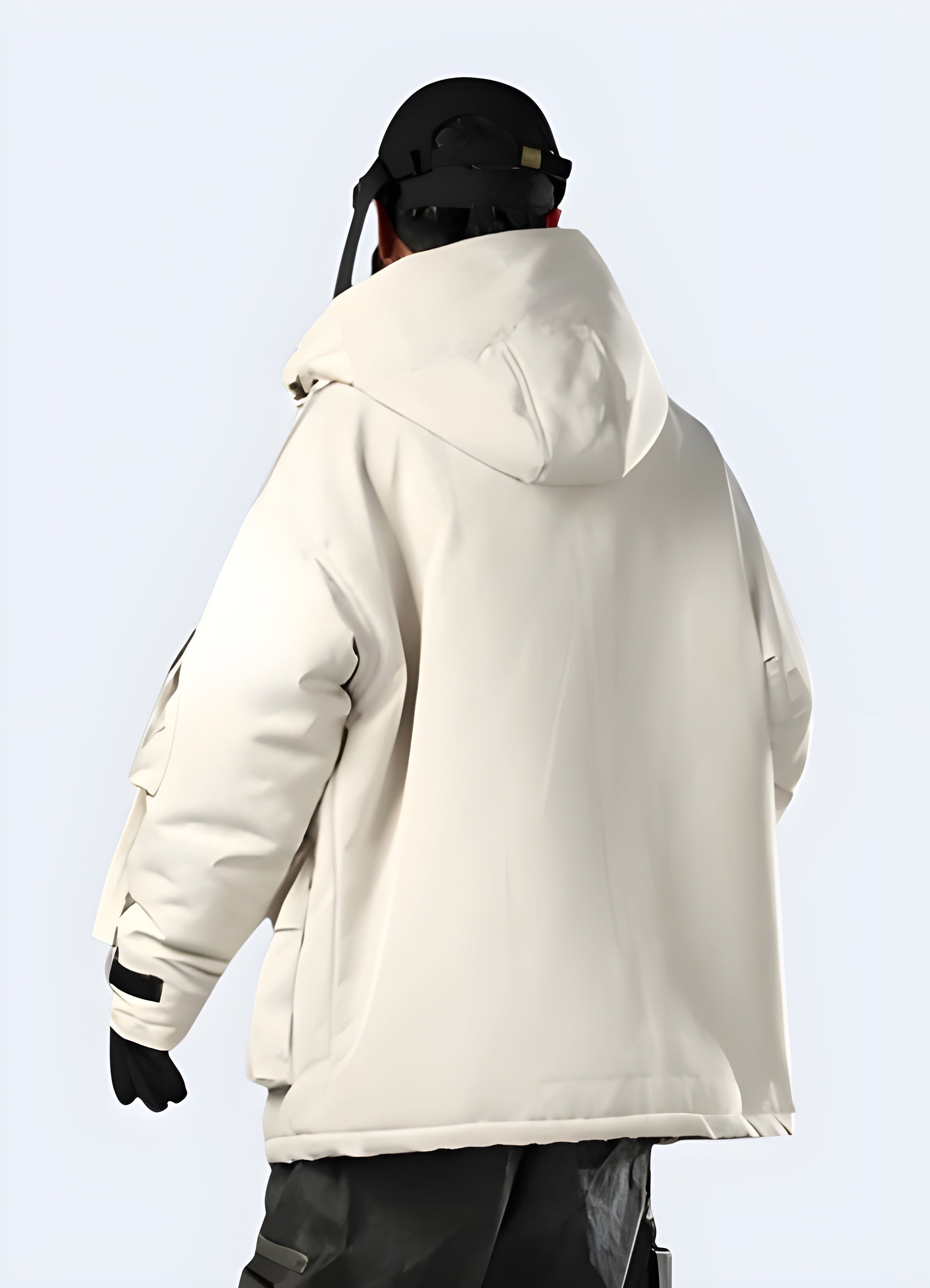 A close-up view of the white streetwear jacket's smooth composition, exceptional comfort and durability.