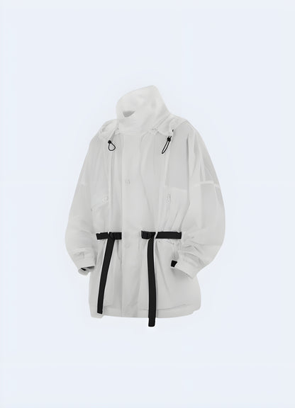 Front side view of a trendy white streetwear jacket showcasing its unique design elements, practical pockets, and versatile style, perfect for elevating everyday outfits and expressing personal fashion in Canada's urban landscapes.