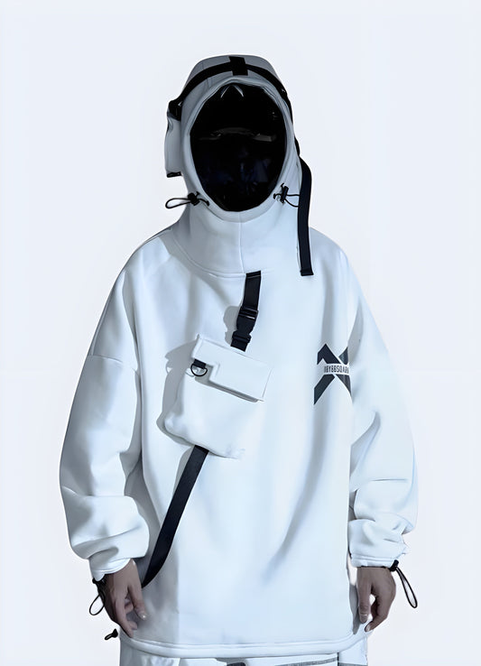 White techwear hoodie available in Canada, offering a sleek and modern look perfect for urban fashion enthusiasts.