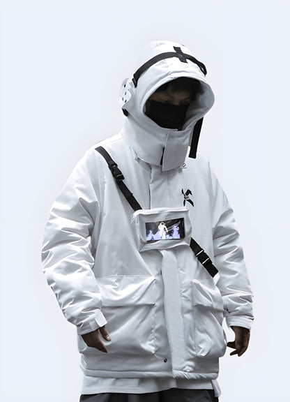 White techwear jacket with a futuristic design and advanced technical features, crafted for urban exploration and everyday wear in Canada's dynamic environments.