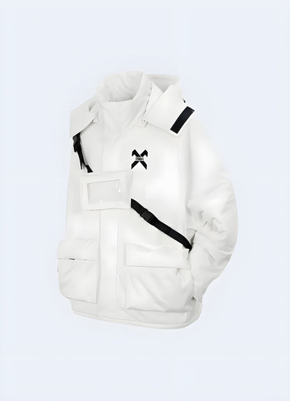 Front view of a cutting-edge white techwear jacket showcasing its innovative materials, functional utility pockets, and sleek aesthetic, perfect for making a bold statement while navigating Canada's urban landscapes in comfort and style.