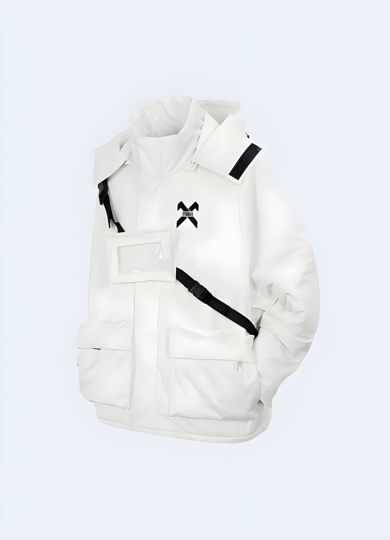 Front view of a cutting-edge white techwear jacket showcasing its innovative materials, functional utility pockets, and sleek aesthetic, perfect for making a bold statement while navigating Canada's urban landscapes in comfort and style.
