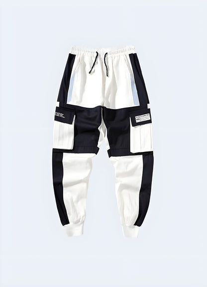 Front view of cutting-edge white techwear pants in Canada, showcasing their modern design and advanced materials that offer both style and performance in urban environments.