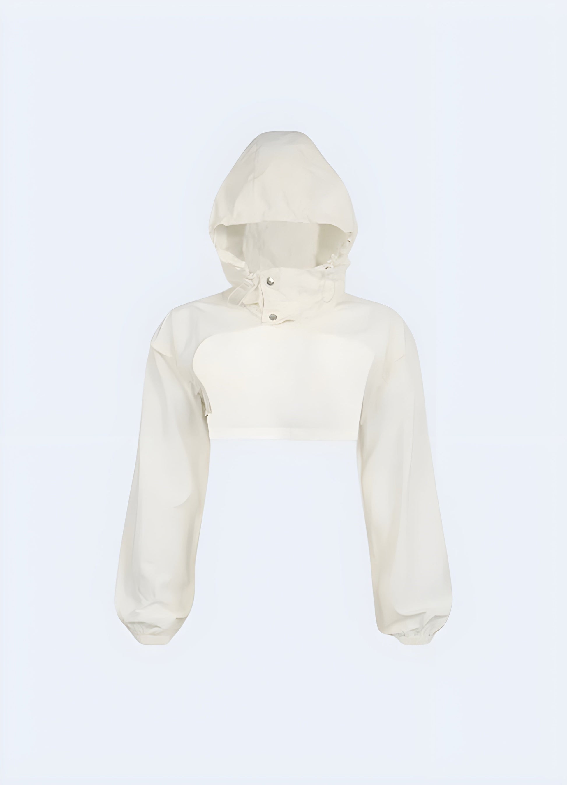 Front view of a stylish white techwear turtleneck crop top, perfect for modern urban fashion in Canada.