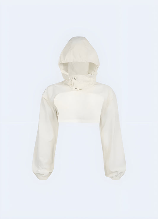 Front view of a stylish white techwear turtleneck crop top, perfect for modern urban fashion in Canada.