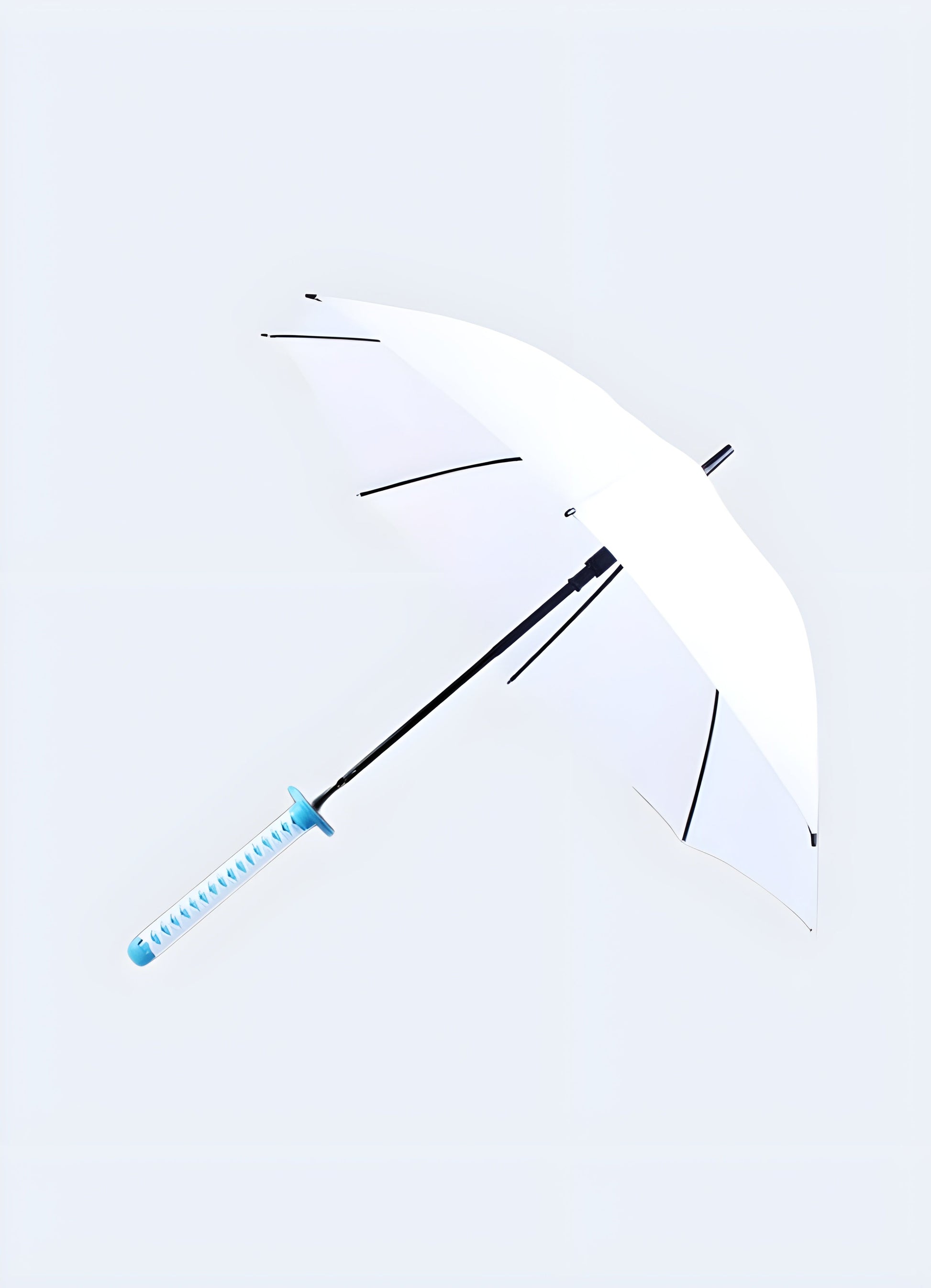 A white umbrella-style katana with blue fur trim. The umbrella is open, emphasizing the contrast between the white canopy and the vibrant blue fur trim Canada.