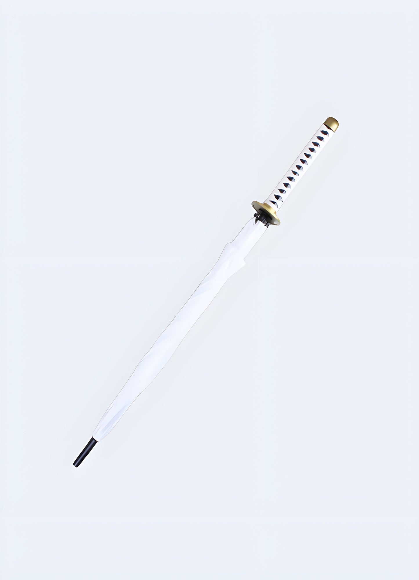 A close-up view of a white umbrella-style Katana, showing its blade-like design and handle resembling a katana sword Canada. 