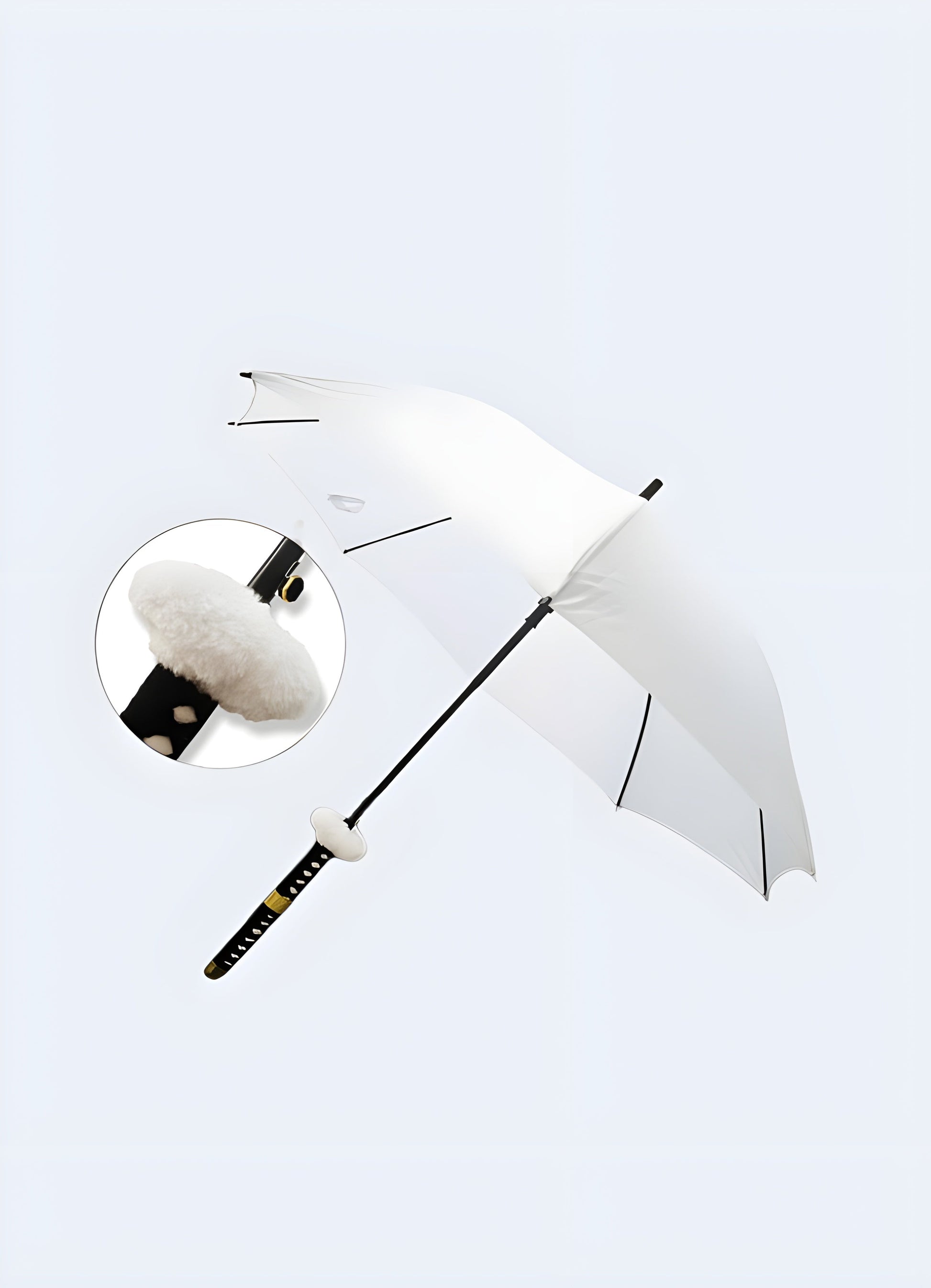 A white umbrella-style katana featuring a white fur trim. The umbrella is open, showcasing the white fur detailing that complements the white canopy Canada.