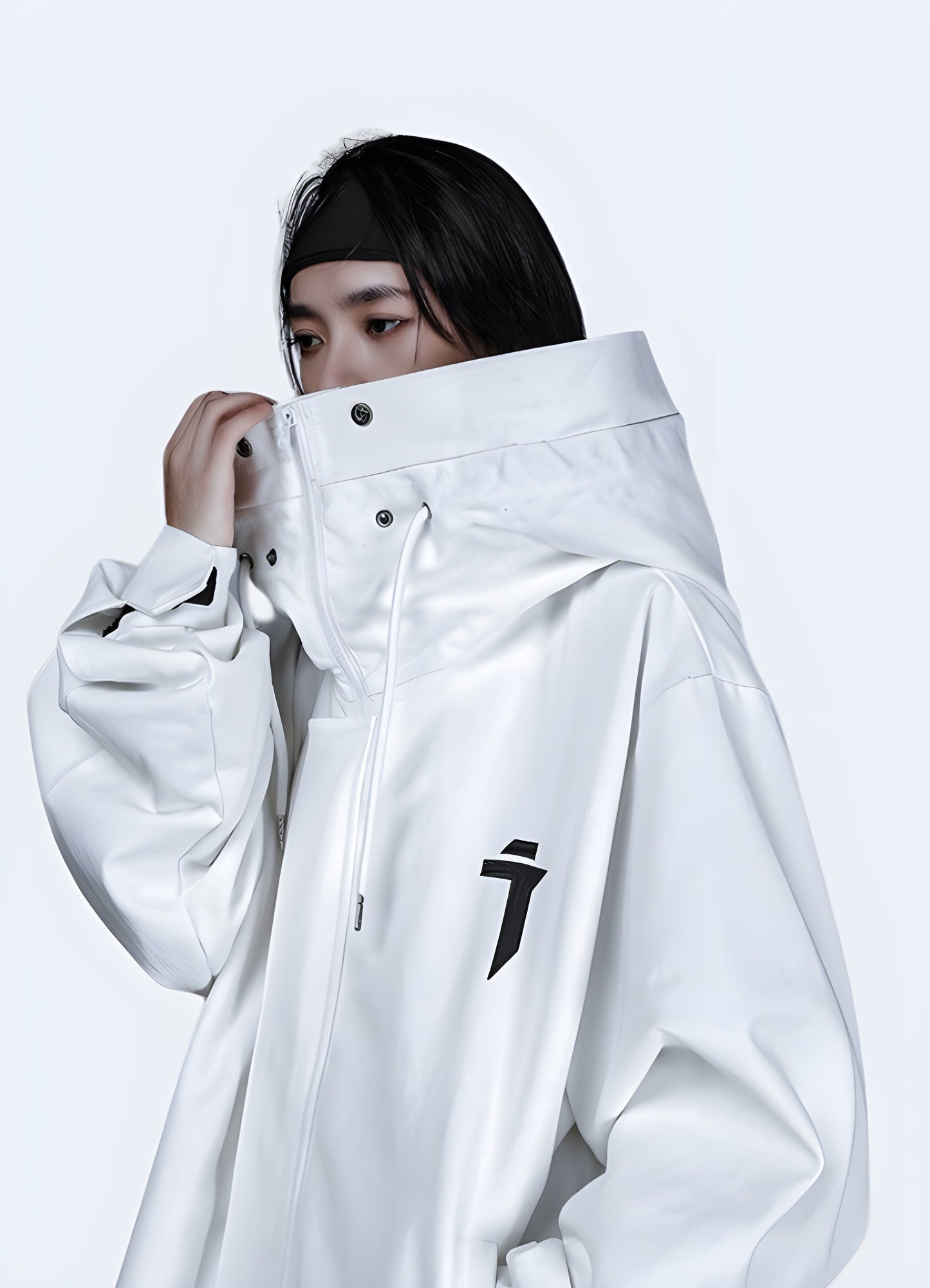 Sleek white women's techwear jacket, combining style and functionality for the modern urban woman in the Canada.