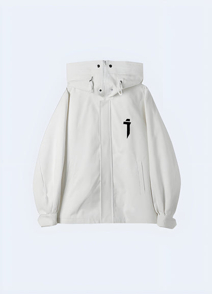 Front view of a white women's techwear jacket, highlighting its minimalist aesthetics and advanced materials for fashion-forward women in the Canada.