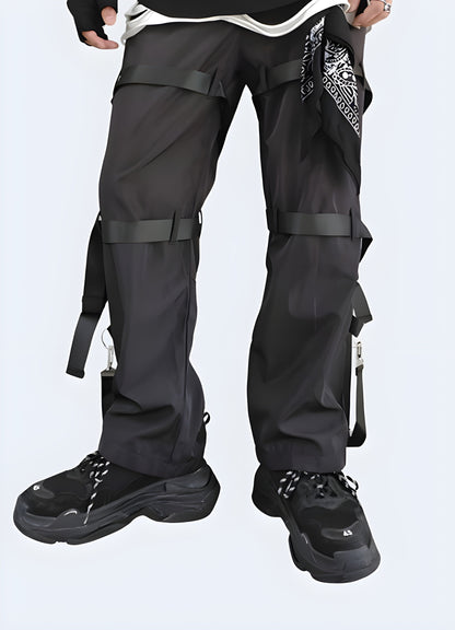 Model wearing fashionable wide-leg cargo pants in a stylish outfit, perfect for casual wear or outdoor adventures.