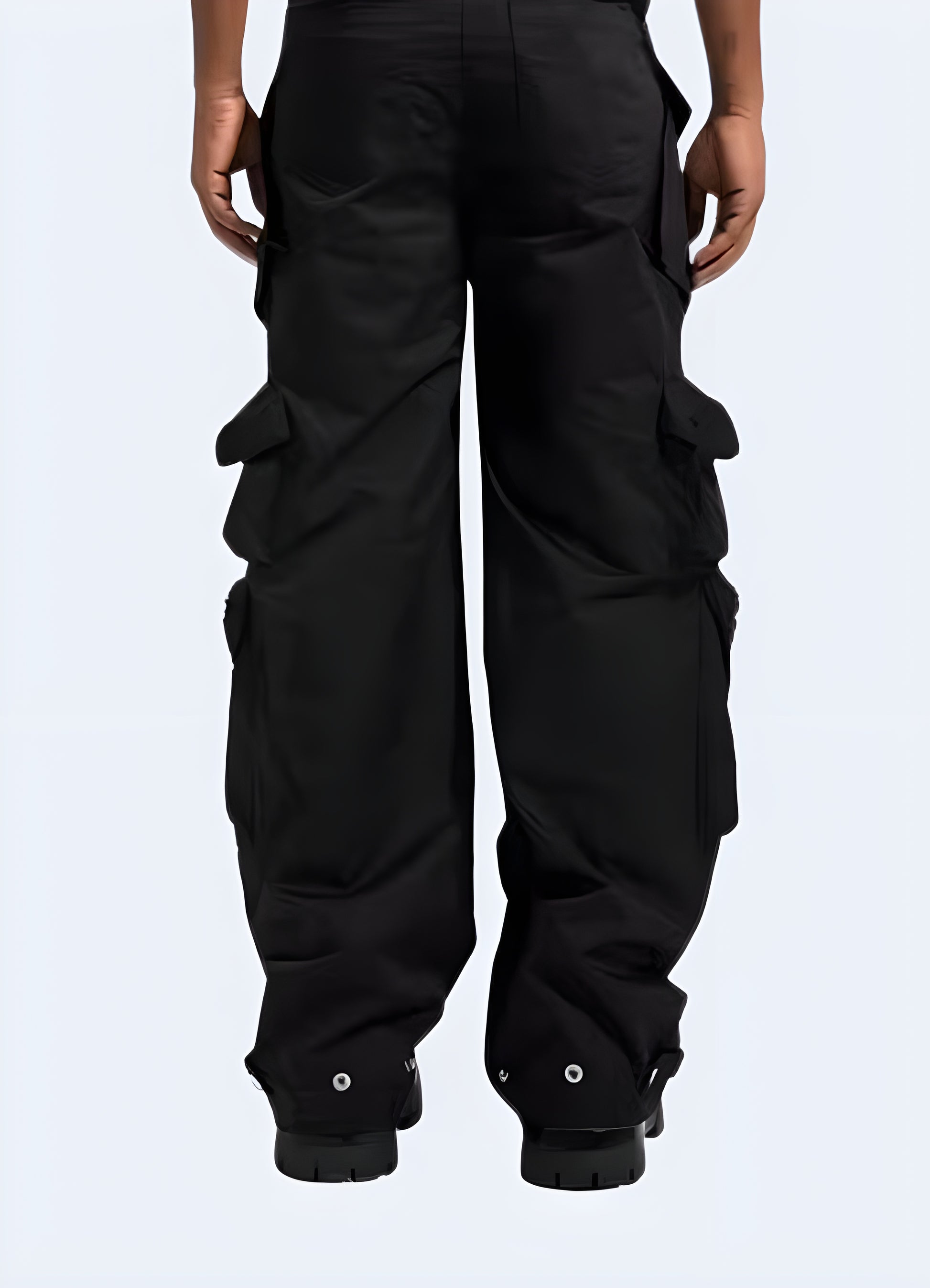 back view of stylish wide-leg multi-pocket pants in Canada, showcasing their relaxed silhouette and numerous utility pockets, ideal for those who value both fashion and functionality in their urban wardrobe.