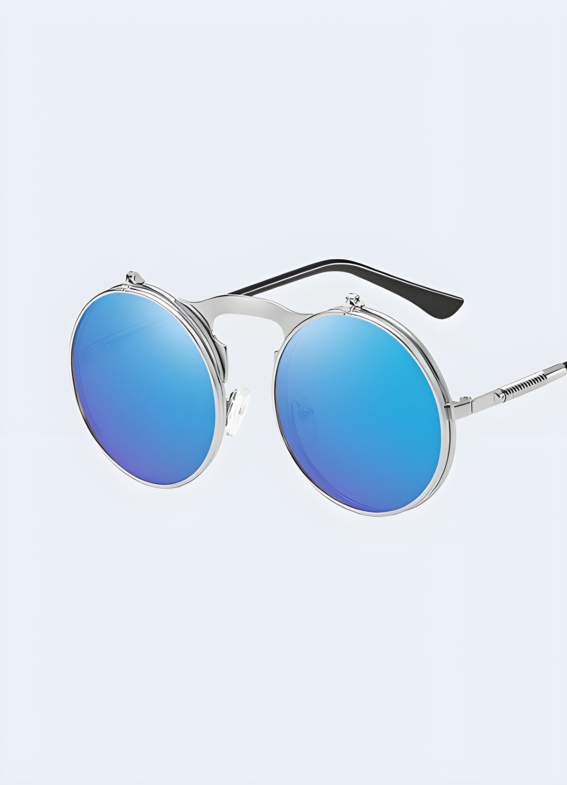 A front-side view of wild west sunglasses with blue lenses, illustrating their cool and striking look.